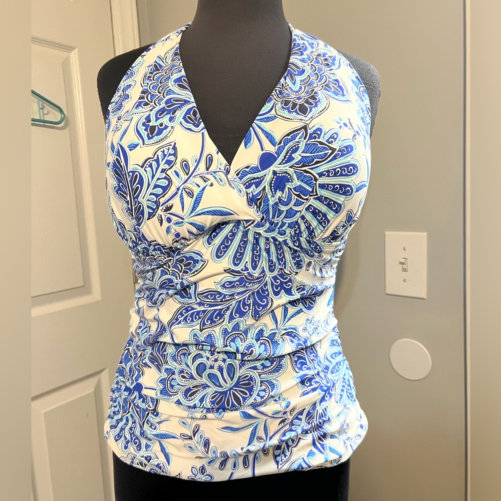 La Blanca Blue and White Floral Halter tankini Top